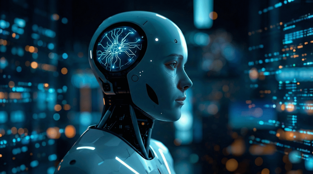 What is Artificial Intelligence concept image showing AI robot and digital brain
