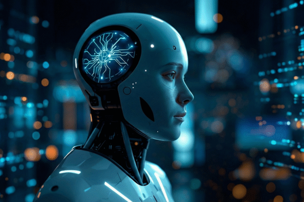What is Artificial Intelligence concept image showing AI robot and digital brain