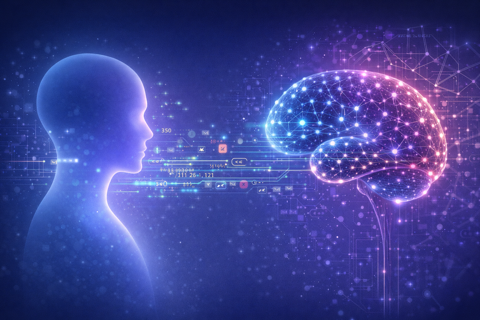 Step-by-step illustration showing how artificial intelligence works from data input to intelligent output